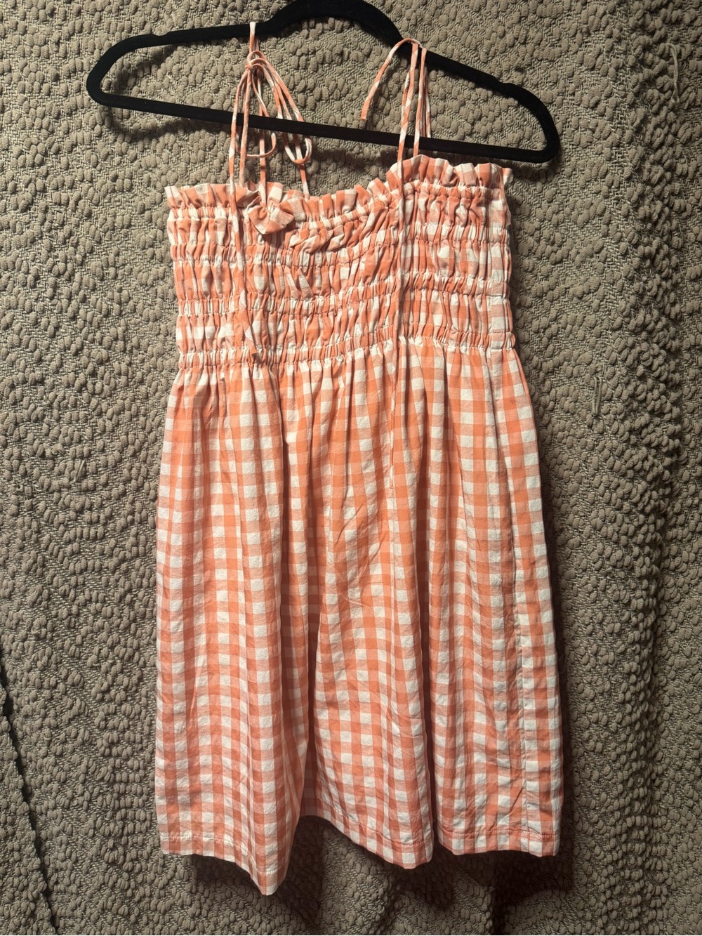 Altar’d State Smocked Gingham Midi Skirt in Peach and White with pockets